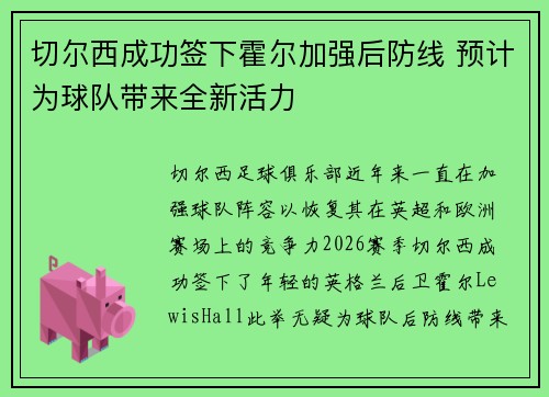 切尔西成功签下霍尔加强后防线 预计为球队带来全新活力