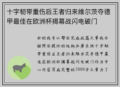 十字韧带重伤后王者归来维尔茨夺德甲最佳在欧洲杯揭幕战闪电破门
