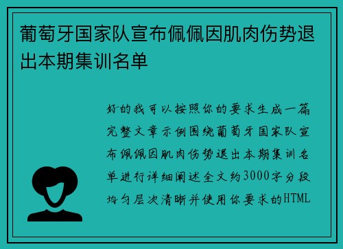 葡萄牙国家队宣布佩佩因肌肉伤势退出本期集训名单