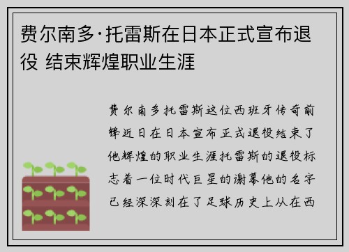 费尔南多·托雷斯在日本正式宣布退役 结束辉煌职业生涯 费尔南多·托雷斯在日本正式宣布退役 结束辉煌职业生涯